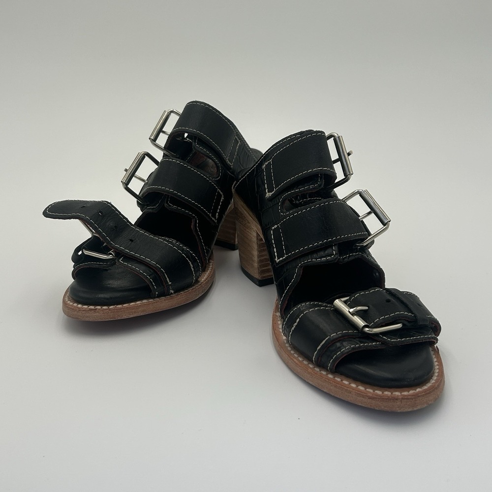 Freebird Quincy Black Leather Strappy Buckle Chunky Heel Mule Sandals Womens 8